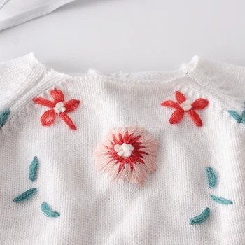 Nové Dieťa Vyšívané Sveter Jeseň Roku 2019 Dievčatá Pletené Vlnené Jumpsuit Romper Biele, Ružové A Ručné Kvet Pokryté Tlačidlo Telo Obleky