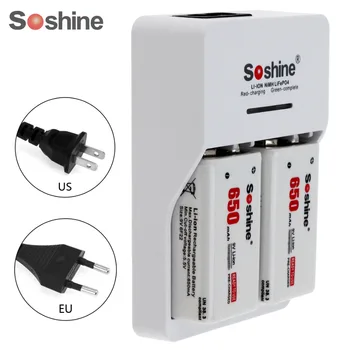 2 ks Soshine 650mAh 9V 6F22 Nabíjateľná Batéria + Smart Inteligentný Ni-MH a Li-ion Nabíjačka Batérií s LED Indikátorom s box