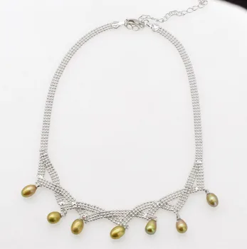 Sladkovodná perla zelená ryža 6-8 mm náhrdelník 18-palcové FPPJ veľkoobchod korálky prírody