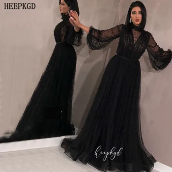 2020 Abendhttpder Dlhé Rukávy Čierne Večerné Šaty Dubaj Luxusné Perly Tylu Ženy Formálne Šaty Prispôsobiť Župan De Soiree