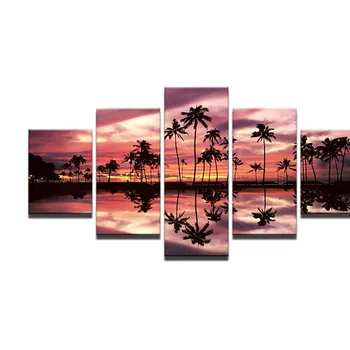 Moderné Obrazy Umenie HD Tlač Plátno na Maľovanie 5 Panel západ Slnka Svietiť, More, Kokosové Palmy Siluetu Krajiny Domova Rám