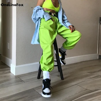 OneLineFox Príležitostné Voľné Hip Hop Cargo Nohavice Ženy Žiarivkové Svetlo Zelená Harajuku Dámske Nohavice Streetwear Súpravy Na Jar Roku 2019