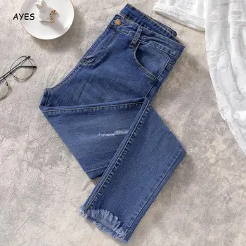 2019 Jeseň Plus Veľkosť Jean Polovice Pás Celej Dĺžke Bežné Denim Stretch Ceruzka Džínsy Pre Ženy Veľkosť Dámy Blue Jeans Denim