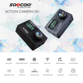 SOOCOO S200 Akčná Športová Kamera Ultra HD 4K 20MP NTK96660 Čip Cam IMX078 Senzor WiFi Gryo Ovládanie Hlasom Mic GPS Dotykový LCD Obrazovky