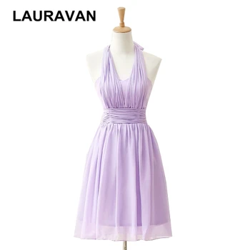 Levanduľa vestido skutočné módne roztomilý riadok s uväzovaním za krk krátke lila ženy šifón šaty, koktejlové šaty pre dievčatá šaty