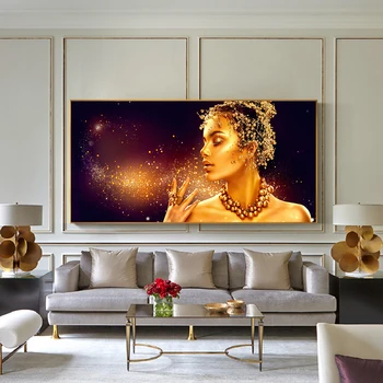 Black Gold Africké Umenie Žena, olejomaľba na Plátne Cuadros Zlato Plagáty a Vytlačí Škandinávskych Stenu Obrázok pre Obývacia Izba
