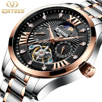 KINYUED značky Swiss diamond vŕtať plne automatické vyprázdnené Tourbillon svetelný mechanické hodinky pre mužov