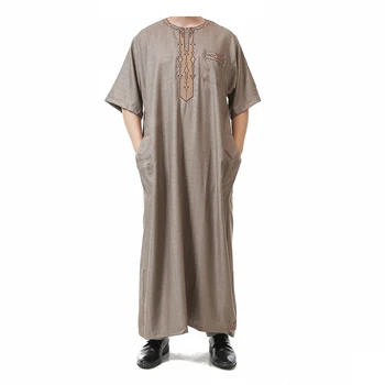 Moslimských Mužov Letné Oblečenie Saudská Arábia Krátky Rukáv Islamskej Muž Jubba Thobe Priedušná Výšivky Ramadánu Tradičné Oblečenie