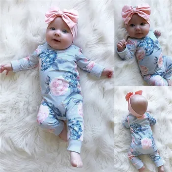 Kvetinový Romper Bavlna Jumpsuit 2019 Batoľa Detský Baby Girl Čela Vlasy Kapely Oblečenie Sady Zimné Oblečenie Pre Ropa de bebe