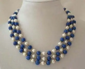 3 Riadky Reálne White Pearl lapis lazuli Spona Náhrdelník 17