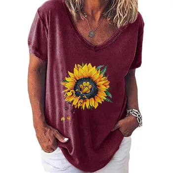 Veľké veľkosti, tričká ženy Bežné V Krku T-shirt Krátkym Rukávom slnečnice Tlačiť vysoko kvalitné oblečenie ropa mujer