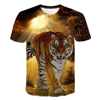 Chlapci a dievčatá T-shirts s tiger a lev vzory, chlapčenské letné šaty s 3D animácie vzor a krátke rukávy