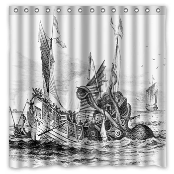 Vintage Kraken-Obrovské Chobotnice Útok Merchantman Loď Pozadí Vytlačené Nepremokavé Polyesterové Sprcha &Bath Opony(Veľkosť 180X180CM)
