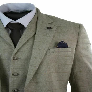 2020 Najnovšie Mens 3 Ks Zárez Klope Cream Beige Skontrolujte Tweed Pričom Uhlopriečny Vintage Prispôsobené Fit Oblek