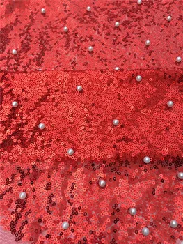 Hot predaj nový dizajn shinning červené flitre Čipky Textílie francúzsky flitrami tylu textílie s korálkami pre sexy šaty Č 63989-3