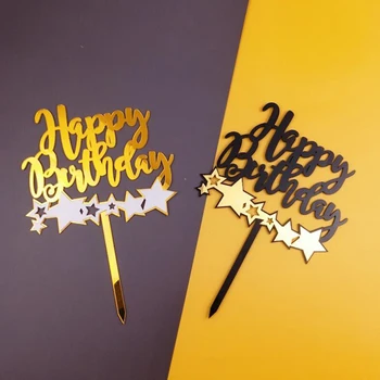 Zlato Happy Birthday Cake Vňaťou Čierny Akryl Tortu Vňate Na Narodeninovej Party Dezert Cake Dekorácie