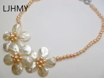 LJHMY Módne Šperky Tri Biele Matka Pearl Shell Kvet, Broskyňa NecklaceWomen Svadobné Party Náhrdelník Darček