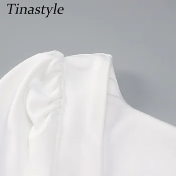 Tinastyle Biela Bodycon Krátke Bežné Šaty pre Ženy 2020 Námestie Golier Dlhý Rukáv Mini Šaty Čierno-Biele Základné Vianočné Šaty