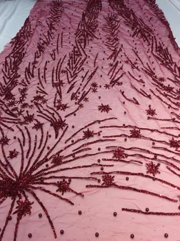 Víno farba francúzsky tylu Materiálu Net Čipky Mäkké francúzsky Čistý Čipky textílie s perličiek lepené lesk na večerné šaty