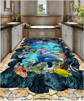 Vlastný Obrázok samolepiace Podlahy tapety Ocean World Obývacia Izba, Kúpeľňa Dolphin nástenná maľba 3D Podlahy, Maľovanie na stenu, nálepky