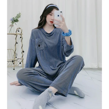 Zimné Pyžamo Ženy Dve Dielna Sada Teplo Domova Odev Kórejský Roztomilý Sleepwear Oblečenie Nohavice Jeseň