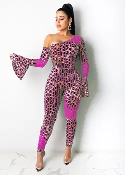 Ženy Sexy Nočný Klub Nosenie Leopard Tlač Patchwork Kombinézach Žena Lomka Krku Horela Rukáv Bodycon Remienky 2020 Jeseň Najnovšie