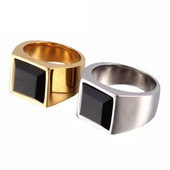 Muži Námestí Čierna Carnelian Semi-Precious Stone Signet Ring v Zlate Tón Nerezovej Ocele pre Mužov Šperky Anillos Príslušenstvo