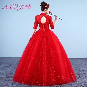 AXJFU princezná biely kvet čipky svadobné šaty vintage strany vysoká krku turecko plesové šaty, zlaté červená čipka kvetinové svadobné šaty