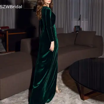 Nový Príchod V Krku Dlhý rukáv večerné šaty 2021 Dubaj arabčina Velvet Zelená Večerné šaty Predné Split Vestidos formales