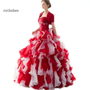 Ruthshen Debutante Prom Šaty Lacné Červené Biele Volánikmi Korálkové Sweet 16 Maškaráda Quinceanera Šaty Vestidos De 15 Anos