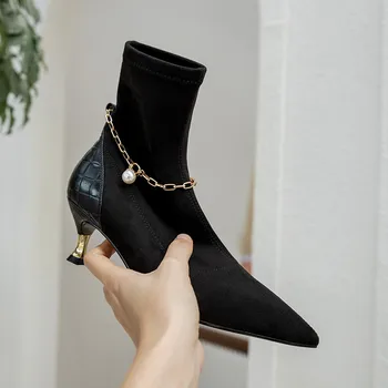 Smeeroon 2021 kvalitné stádo členková obuv ženy tenké vysoké podpätky strany svadobné topánky reťazca pearl móda, topánky dámske