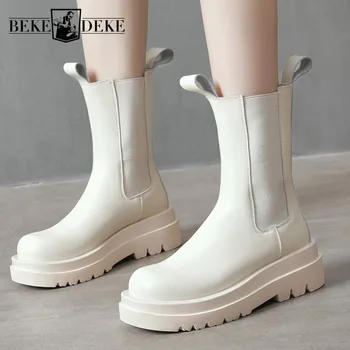 Platforma Chelsea Boots Ženy, Luxusné Značky Originálne Kožené Biele Členkové Topánky Anglicko Štýl Práce, Topánky Žena Vysoký Vrchol Topánky