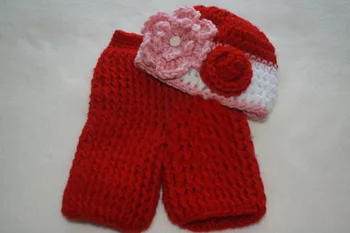 Doprava zdarma,dieťa dievča kvety klobúk s príslušnými červené nohavice detské Súpravy,Novorodenca ručne háčkované Fotografie Prop bavlna