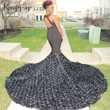 Black Morská víla Šaty Ples 2021 Africké Čierne Sexy Dievča vlo¾ku Späť bez Rukávov 3D Kvety Dlhé Prom Šaty