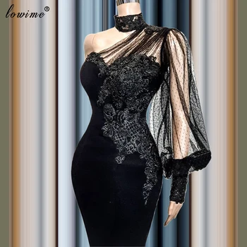 Elegantné Plus Veľkosť Čierne Večerné Šaty morskej panny Jedného Pleca Moslimských Večerné Šaty s Čipkou Korálky Prom Šaty вечернее платье
