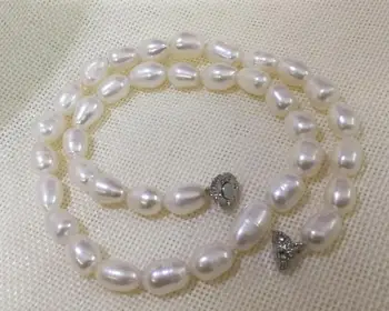 9mm jasné biele oválne ryža skutočnou perlou náhrdelník drahokamu magnet spona prírodné sladkovodné perly Žena Šperky 43 cm 17