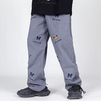 IEFB /pánskeho oblečenia Streetwear motýľ vyšívané voľné rovno otec nohavice módne all-zápas bežné džínsové nohavice pre mužov 9Y3778