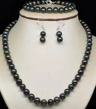 Krásne 8-9MM čierna perla, náhrdelník &náhrdelník &náušnice 18