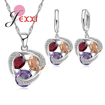 3 Farba Crystal Šperky Set Pre Ženy, Dievčatá, 925 Sterling Silver Prívesok Náhrdelníky Náušnice Nastaviť Ženy, Svadobné Accessorie