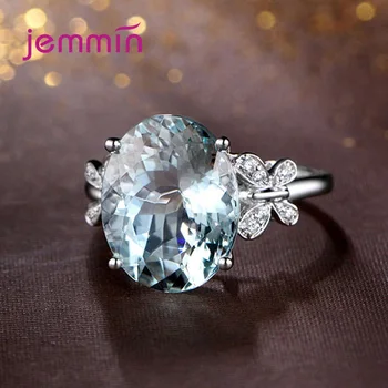 2021 Nové Módne 925 Sterling Silver Šperky Motýľ Tvar Mora Modrý Ovál Cubic Zirconia Prstene pre Ženy, Dievčatá, Zásnubný Dar