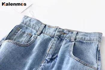 Džínsové Nohavice Ženy KALENMONS Vintage Vysoký Pás Umyť Džínsy Vrecku Bielené Lete Bežné Nohavice Neforemné Práce Jean Streetwear