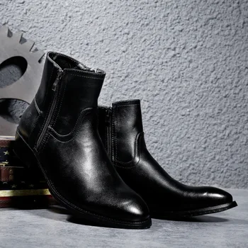 Veľká veľkosť muži móda punku motocykel topánky ukázal prst originálne kožené topánky kovboj boot black členok botas masculinas sapatos