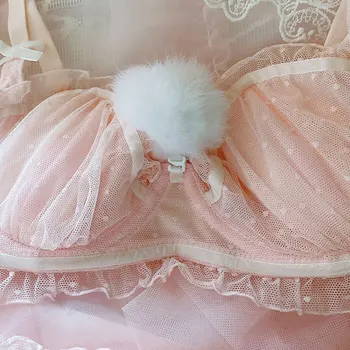 Japonská dievča sexy bielizeň roztomilý vlasových cibuliek králik chvost ružovej čipky ultratenké ocele veľké metrov bra set podprsenky a nohavičky nastaviť sujetador