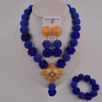 Nigéria svadobné korálky svadobné šperky set Afrického svadobné Royal Blue crystal ball imitácia perlový náhrdelník šperky set LS-27
