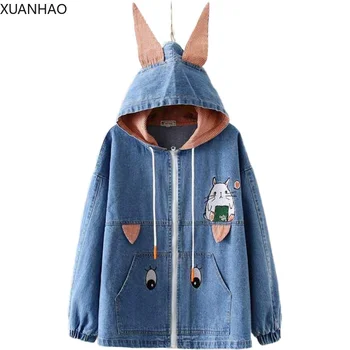 XUANHAO Bunny Džínsové Bundy dámske Cartoon Výšivky Basic Džínsy Zimné Kabáty Králičie Uši Kapucňou Zipsy Bunda, Modrá Outwear