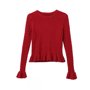 Kvalitné jeseň žien twist prúžok pás chudnutie voľný čas rozstrapatené rukáv kolo krku bavlna pletený sveter klesnutie tričko