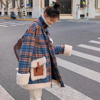2020 Nové Kórejské Ženy Kabát Baránok Vlna Panelled Krátka Srsť Zimné Oblečenie Móda Teplé Ženské Elegantný Retro Kockovaný Kabát Vlnené