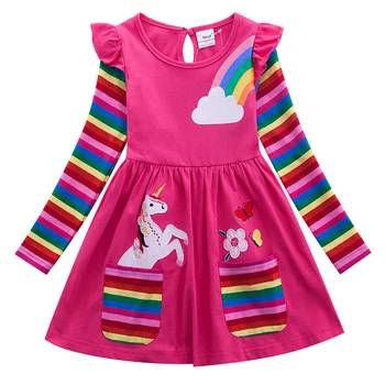 SAILEROAD Vianočné Jednorožec Šaty detské Dlhé Rukávy Rainbow, Šaty, Oblečenie Baby Girl Princezná Bavlna Jeseň Deti Oblečenie