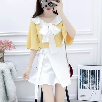 Kórejský módy obleky lete roku 2019 agaric okraji bowknot šifón top blúzky, & fishtail sukne ženy 2 ks oblečenie set sa vestidos