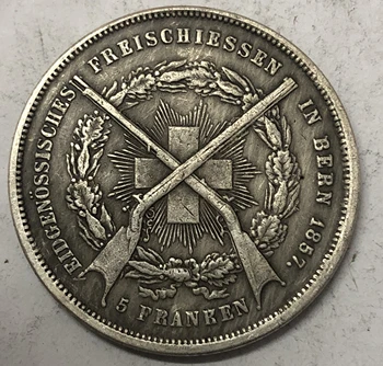 1857 Švajčiarsko 5 Frankov Streľba Festival KÓPIU strieborné pozlátené mince
